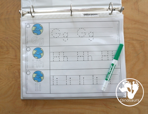 Free Earth ABC Tracing Strips - with uppercase and lowercase together. You have fun kids with an Earth, plus you can see an example of how to trace the letters - 3Dinosaurs.com