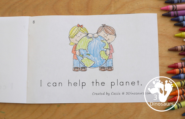 Free Earth Day Easy Read Book - with an 8 page book with kids that kids can do to help the Earth with sight words I can- 3Dinosaurs.com