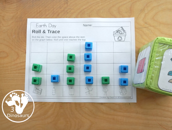 Earth Day Roll & Graph With Trace Letters, Numbers & Shapes with a folding die and cube die with a graphing sheet, graphing with tracing numbers, graphing with tracing letters and graphing with tracing shapes. All with a fun Earth theme for Earth Day for prek and kindergarten - 3Dinosaurs.com