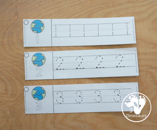 Free Earth Number Tracing Strips - with numbers 0 to 20. You can tracing the numbers and an example of how to trace the numbers on the strips, plus an Earth on each tracing strip. - 3Dinosaurs.com