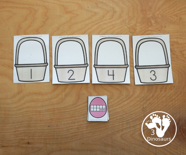 Free Easter Egg Number Sense Match Printable - has baskets with numbers and Easter Eggs with matching numbers with tally marks, dominos, dice, and ten frames. This makes a great number subitizing center for kids. - 3Dinosaurs.com