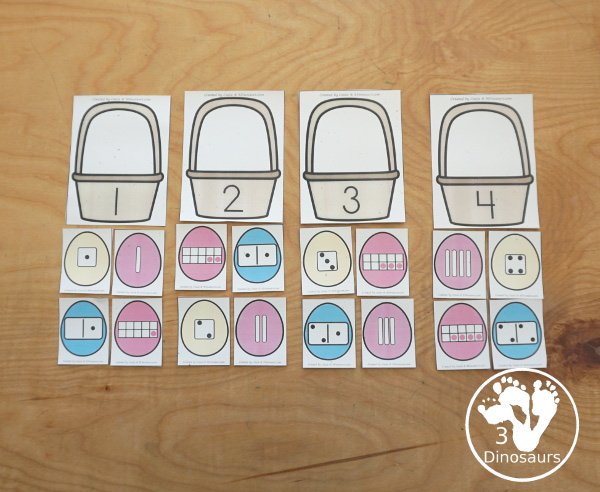 Free Easter Egg Number Sense Match Printable - has baskets with numbers and Easter Eggs with matching numbers with tally marks, dominos, dice, and ten frames. This makes a great number subitizing center for kids. - 3Dinosaurs.com