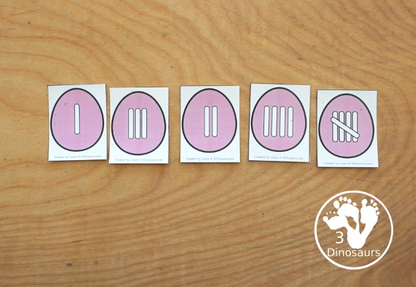 Free Easter Egg Number Sense Match Printable - has baskets with numbers and Easter Eggs with matching numbers with tally marks, dominos, dice, and ten frames. This makes a great number subitizing center for kids. - 3Dinosaurs.com