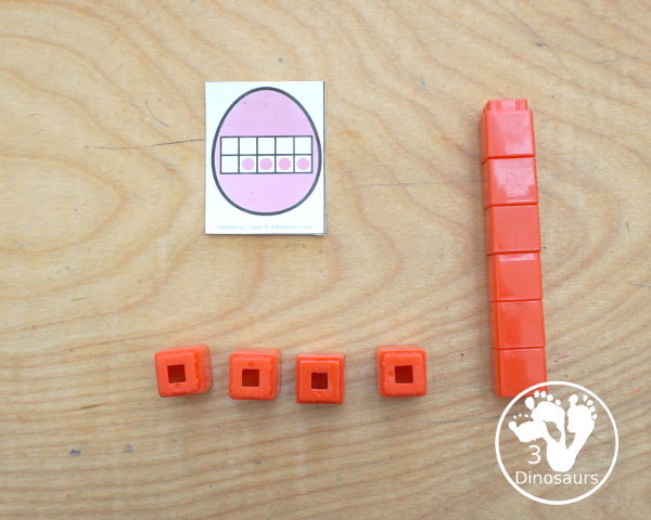 Free Easter Egg Number Sense Match Printable - has baskets with numbers and Easter Eggs with matching numbers with tally marks, dominos, dice, and ten frames. This makes a great number subitizing center for kids. - 3Dinosaurs.com
