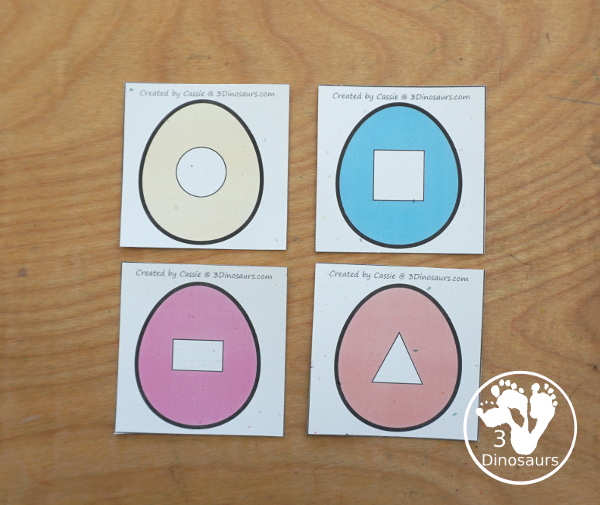 Free Easter Egg Shape Sorting Printable - with Easter baskets that have the shape name and Easter Eggs with shapes to sort to the baskets for prek and kindergarten - 3Dinosaurs.com