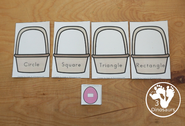 Free Easter Egg Shape Sorting Printable - with Easter baskets that have the shape name and Easter Eggs with shapes to sort to the baskets for prek and kindergarten - 3Dinosaurs.com