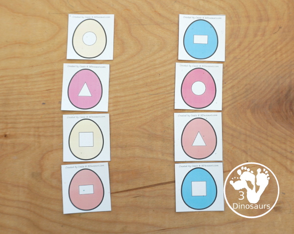 Free Easter Egg Shape Sorting Printable - with Easter baskets that have the shape name and Easter Eggs with shapes to sort to the baskets for prek and kindergarten - 3Dinosaurs.com