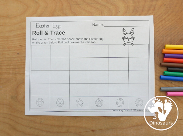 Easter Roll & Graph With Trace Letters, Numbers & Shapes with a folding die and cube die with a graphing sheet, graphing with tracing numbers, graphing with tracing letters and graphing with tracing shapes. All with a fun Easter Egg theme for Easter for prek and kindergarten - 3Dinosaurs.com