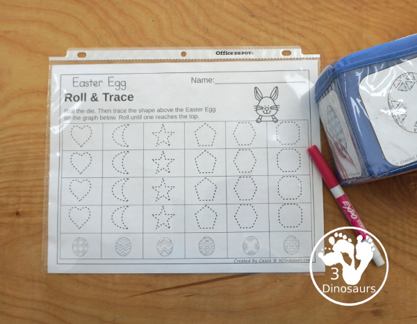 Easter Roll & Graph With Trace Letters, Numbers & Shapes with a folding die and cube die with a graphing sheet, graphing with tracing numbers, graphing with tracing letters and graphing with tracing shapes. All with a fun Easter Egg theme for Easter for prek and kindergarten - 3Dinosaurs.com