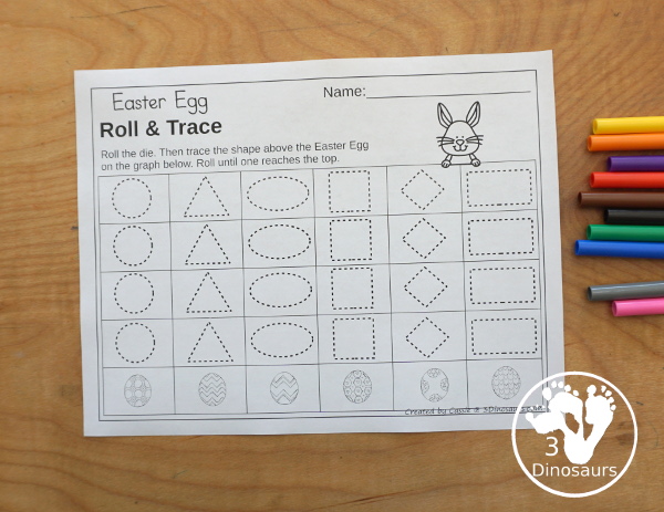 Easter Roll & Graph With Trace Letters, Numbers & Shapes with a folding die and cube die with a graphing sheet, graphing with tracing numbers, graphing with tracing letters and graphing with tracing shapes. All with a fun Easter Egg theme for Easter for prek and kindergarten - 3Dinosaurs.com