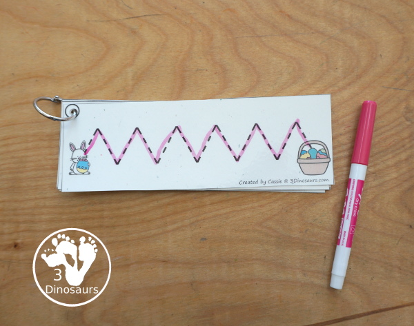 Free Easter Prewriting Strips - prewriting printable for kids working on more complex prewriting skills with prewriting fonts in repeat pattern and sizes. You have Easter Bunny getting to a basket of eggs. - 3Dinosaurs.com