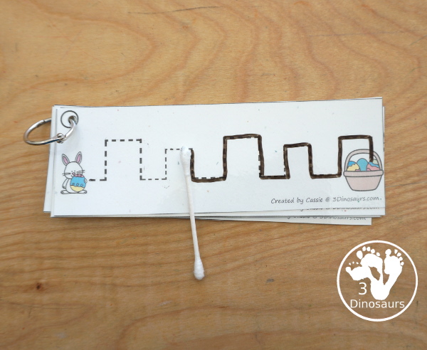 Free Easter Prewriting Strips - prewriting printable for kids working on more complex prewriting skills with prewriting fonts in repeat pattern and sizes. You have Easter Bunny getting to a basket of eggs. - 3Dinosaurs.com