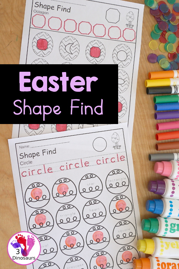 Easter Shape Find For Kids with 11 shapes for kids to trace and then find with shape word find and geometric shape find. Each is a great no-prep shape worksheet - 3Dinosaurs.com