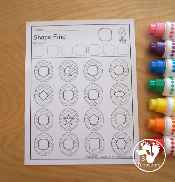 Easter Shape Find For Kids with 11 shapes for kids to trace and then find with shape word find and geometric shape find. Each is a great no-prep shape worksheet - 3Dinosaurs.com