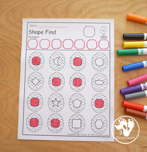 Easter Shape Find For Kids with 11 shapes for kids to trace and then find with shape word find and geometric shape find. Each is a great no-prep shape worksheet - 3Dinosaurs.com