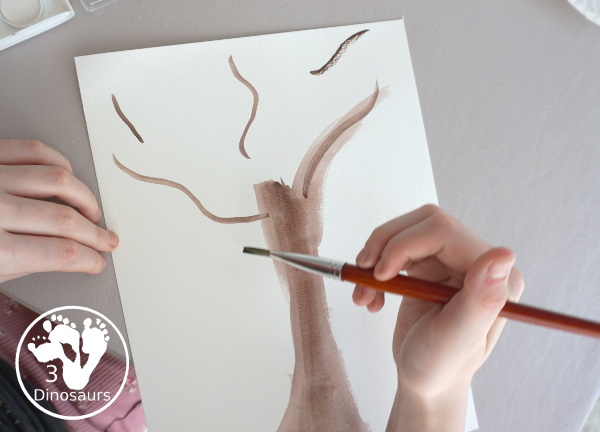 Paper Roll Painted Spring Tree is a fun spring painting with watercolor trunk and paper roll painted pink and white tree. Super easy for kids to do - 3Dinosaurs.com