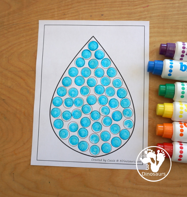 Free Raindrop Fine Motor Mat Printables -  with four pages of printables with raindrop template to color, raindrop to trace, raindrop playdough mat and a dot marker raindrop, all great for spring. - 3Dinosaurs.com