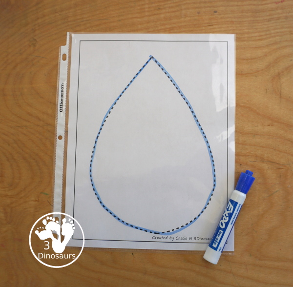 Free Raindrop Fine Motor Mat Printables -  with four pages of printables with raindrop template to color, raindrop to trace, raindrop playdough mat and a dot marker raindrop, all great for spring. - 3Dinosaurs.com