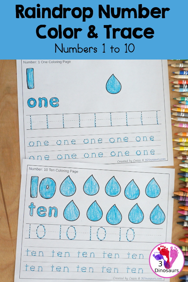 Free Rain Number Color & Trace - Numbers o to 10 with counting the raindrop and tracing the number and number word for each number with 11 pages of printables for prek and kindergarten - 3Dinosaurs.com