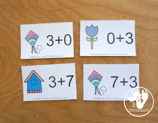 Free Spring Addition Flashcards with addition from 1 to 10 with all the ways to add up to each number - 3Dinosaurs.com