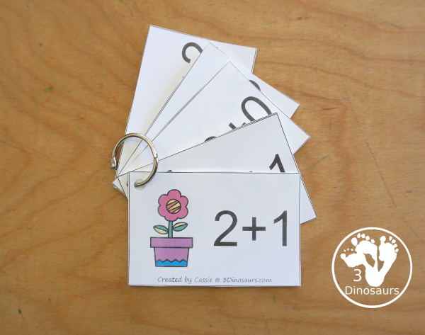 Free Spring Addition Flashcards with addition from 1 to 10 with all the ways to add up to each number - 3Dinosaurs.com