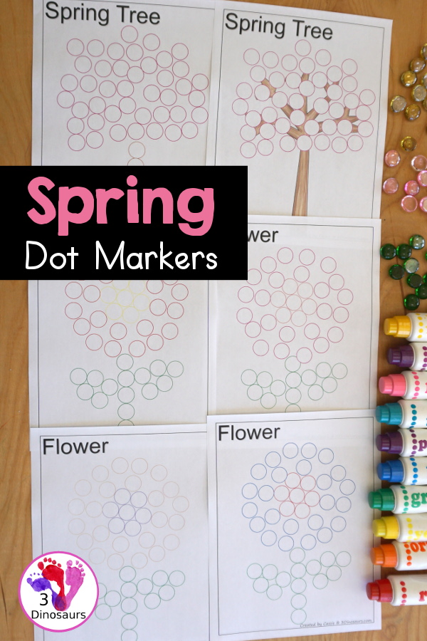 Free Spring Dot Printables: Spring Tree & Flowers - You have three versions of the tree and 5 flowers that kids can dot - 3Dinosaurs.com