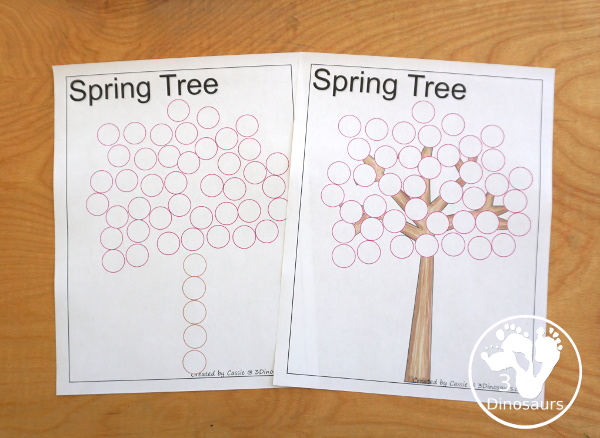 Free Spring Dot Printables: Spring Tree & Flowers - You have three versions of the tree and 5 flowers that kids can dot - 3Dinosaurs.com