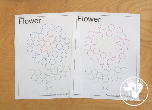 Free Spring Dot Printables: Spring Tree & Flowers - You have three versions of the tree and 5 flowers that kids can dot - 3Dinosaurs.com