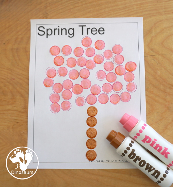 Free Spring Dot Printables: Spring Tree & Flowers - You have three versions of the tree and 5 flowers that kids can dot - 3Dinosaurs.com