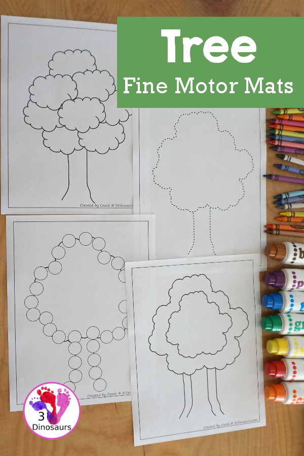 Free Tree Fine Motor Mat Printables with 2 tracing tree, 2 tree templates, 2 tree dot markers and 1 tree playdough mat - 3Dinosaurs.com