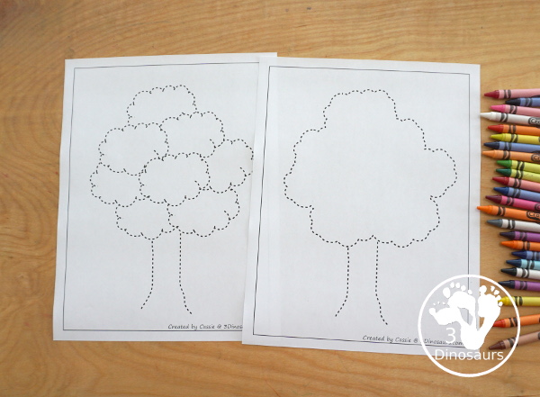 Free Tree Fine Motor Mat Printables with 2 tracing tree, 2 tree templates, 2 tree dot markers and 1 tree playdough mat - 3Dinosaurs.com