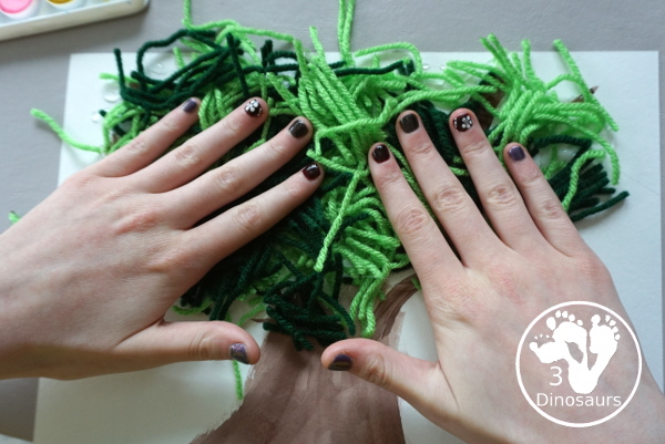 Green Yarn Tree Craft for Arbor Day - a fun mixed art with watercolor trunk ad a yarn green tree for kids to make - 3Dinosaurs.com