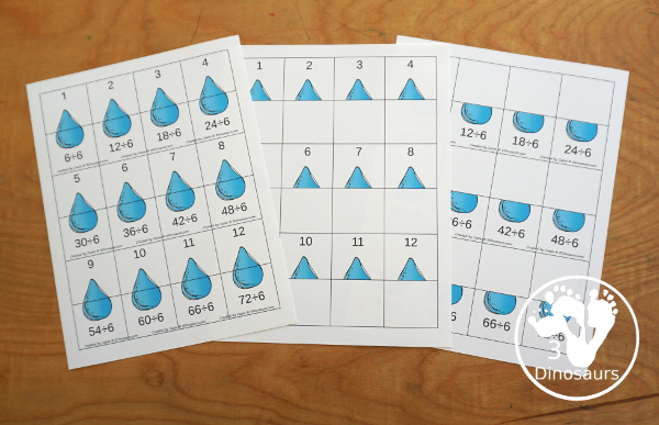 Raindrop Multiplication & Division Cut & Paste and Matching with cut and paste worksheets for division and multiplication with numbers 1 to 12 and match puzzles and matching mats for division and multiplication - 3Dinosaurs.com