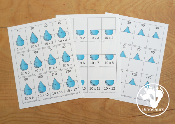Raindrop Multiplication & Division Cut & Paste and Matching with cut and paste worksheets for division and multiplication with numbers 1 to 12 and match puzzles and matching mats for division and multiplication - 3Dinosaurs.com