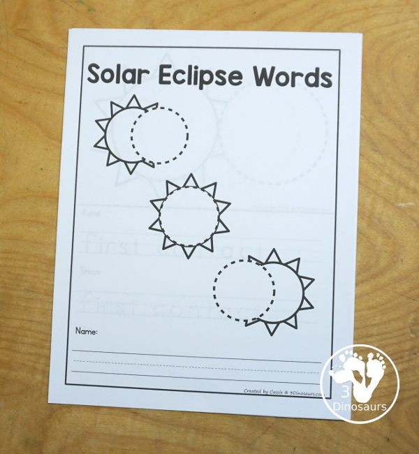 Free Solar Eclipse Words Book has the five parts of the total solar eclipse with coloring the pictures, reading the words, tracing the words and writing the words. Plus a simple solar eclipse cover page. - 3Dinosaurs.com