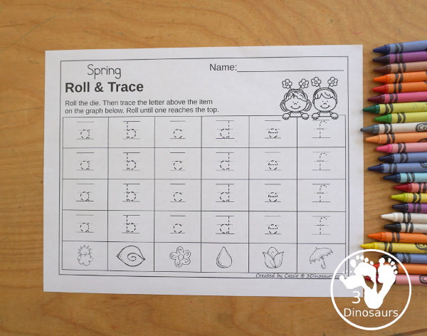 Spring Roll & Graph With Trace Letters, Numbers & Shapes with a folding die and cube die with a graphing sheet, graphing with tracing numbers, graphing with tracing letters and graphing with tracing shapes. All with a fun spring theme for prek and kindergarten - 3Dinosaurs.com