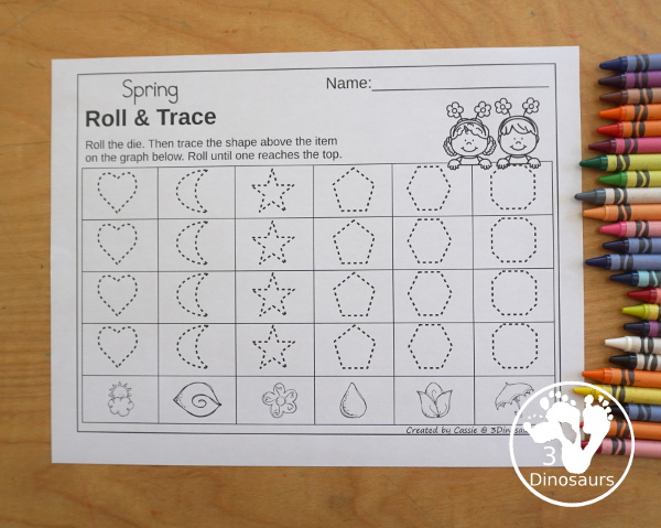 Spring Roll & Graph With Trace Letters, Numbers & Shapes with a folding die and cube die with a graphing sheet, graphing with tracing numbers, graphing with tracing letters and graphing with tracing shapes. All with a fun spring theme for prek and kindergarten - 3Dinosaurs.com