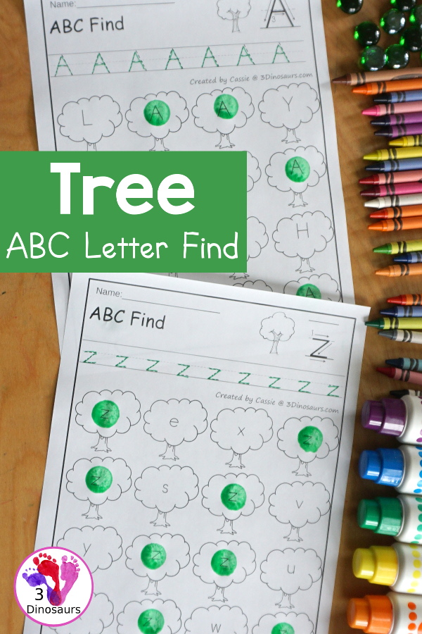 Tree ABC Letter Find Printables - All 26 letters of the Alphabet - with tracing and then finding the letters with uppercase option and lowercase options for kids working letters. This is great for prek and kindergarten - 3Dinosaurs.com