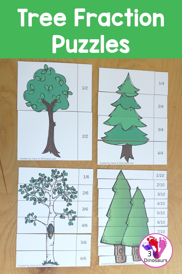 Free Tree Fraction Puzzle Printables - it has 7 fraction puzzles with 2, 3, 4, 5, 6, 8, 10 for the parts for the fractions  - 3Dinosaurs.com