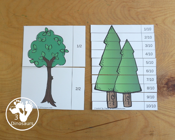 Free Tree Fraction Puzzle Printables - it has 7 fraction puzzles with 2, 3, 4, 5, 6, 8, 10 for the parts for the fractions  - 3Dinosaurs.com