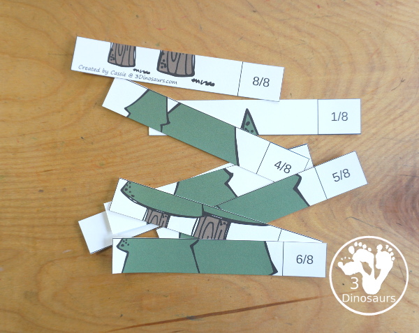 Free Tree Fraction Puzzle Printables - it has 7 fraction puzzles with 2, 3, 4, 5, 6, 8, 10 for the parts for the fractions - 3Dinosaurs.com