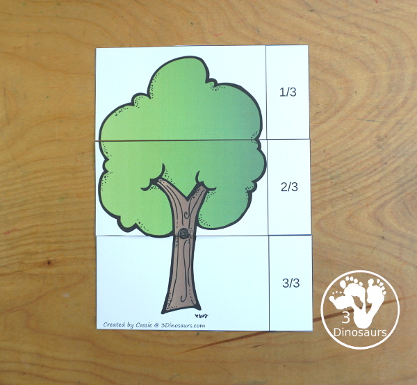 Free Tree Fraction Puzzle Printables - it has 7 fraction puzzles with 2, 3, 4, 5, 6, 8, 10 for the parts for the fractions - 3Dinosaurs.com