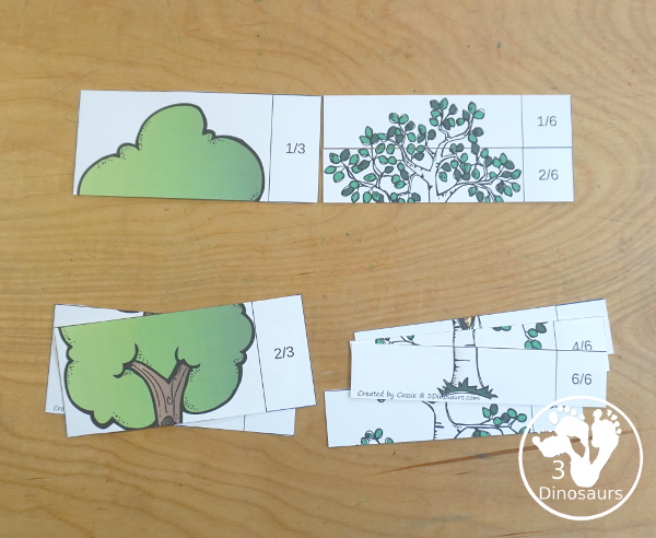 Free Tree Fraction Puzzle Printables - it has 7 fraction puzzles with 2, 3, 4, 5, 6, 8, 10 for the parts for the fractions - 3Dinosaurs.com