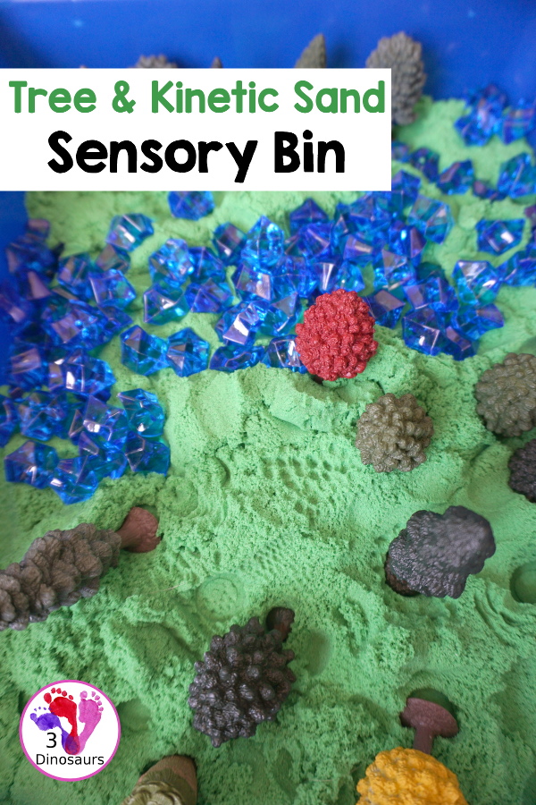 Tree & Kinetic Sand Sensory Bin for Arbor day and Earth Day - simple to put together sensory bin with kinetic sand and tree toob - 3Dinosaurs.com