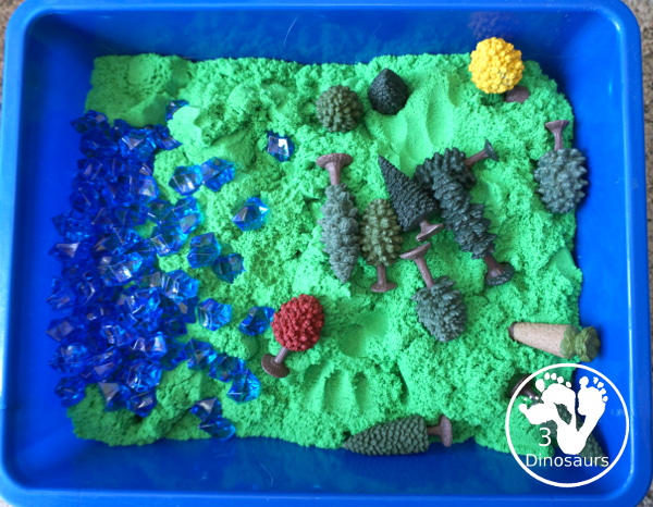 Tree & Kinetic Sand Sensory Bin for Arbor day and Earth Day - simple to put together sensory bin with kinetic sand and tree toob - Showing all parts of the sensory bin - 3Dinosaurs.com