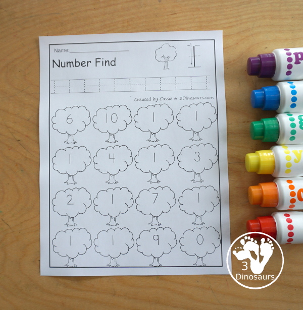 Tree Number Find Printable For Kids  with numbers from 0 to 20. You trace the numbers and then find the numbers on the tree. You have number and number word for kids to use - 3Dinosaurs.com
