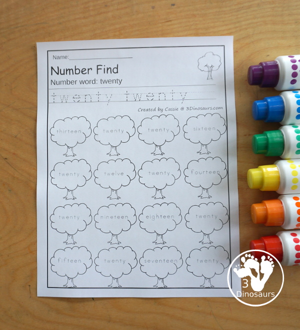 Tree Number Find Printable For Kids  with numbers from 0 to 20. You trace the numbers and then find the numbers on the tree. You have number and number word for kids to use - 3Dinosaurs.com