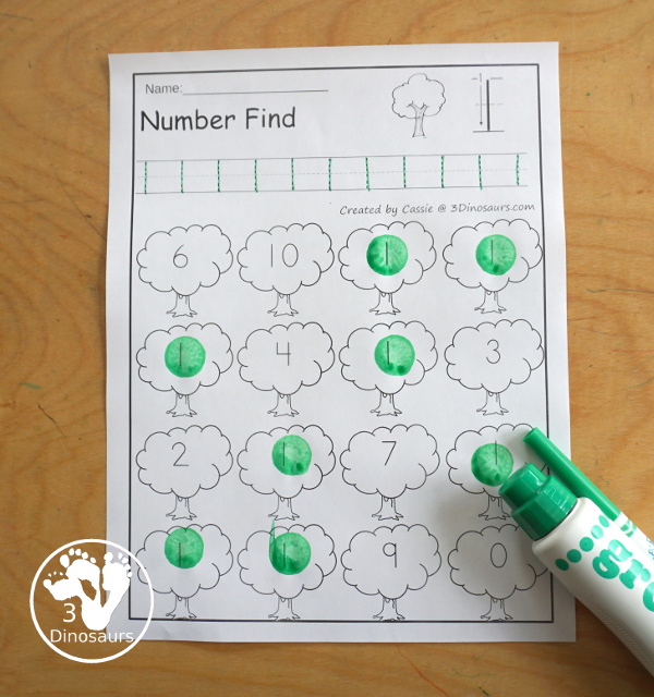 Tree Number Find Printable For Kids  with numbers from 0 to 20. You trace the numbers and then find the numbers on the tree. You have number and number word for kids to use - 3Dinosaurs.com