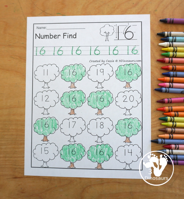 Tree Number Find Printable For Kids  with numbers from 0 to 20. You trace the numbers and then find the numbers on the tree. You have number and number word for kids to use - 3Dinosaurs.com