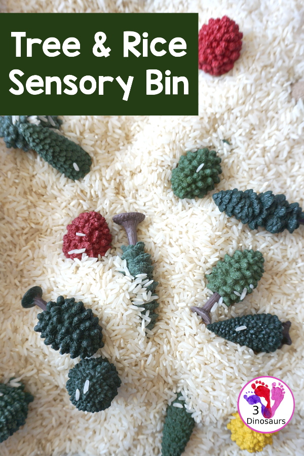 Tree & Rice Sensory Bin - a simple tree sensory bin with trees and rice for Arbor Day or Earth Day or any tree theme - 3Dinosaurs.com